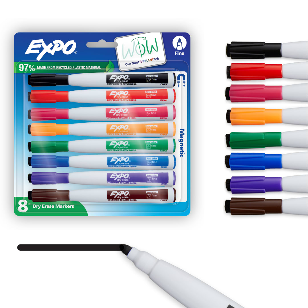 EXPO Magnetic Dry Erase Markers with Eraser, Assorted Colours, Fine Tip, 8 Count