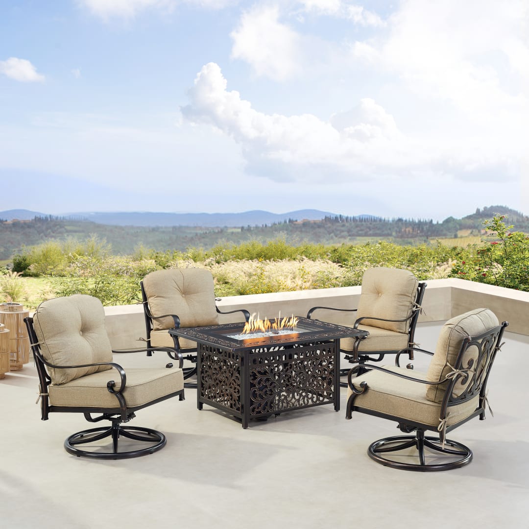 Black Aluminum Patio Fire Table Set with Four Club Chairs