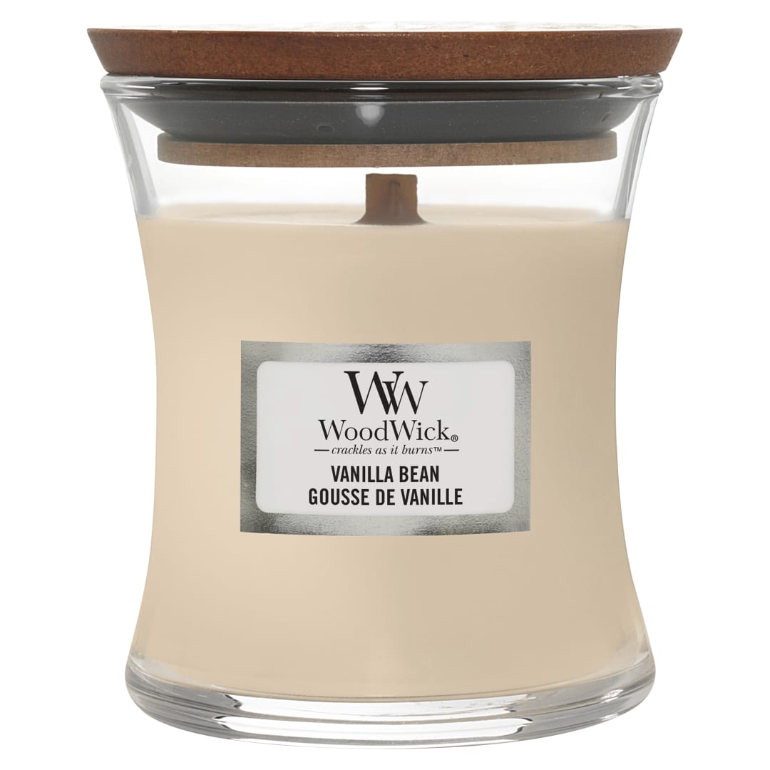 WoodWick Vela perfumada con mecha crepitante | Vela mini Hourglass con aroma a vainilla | Hasta 20 horas de duración | Regalo perfecto para mujeres