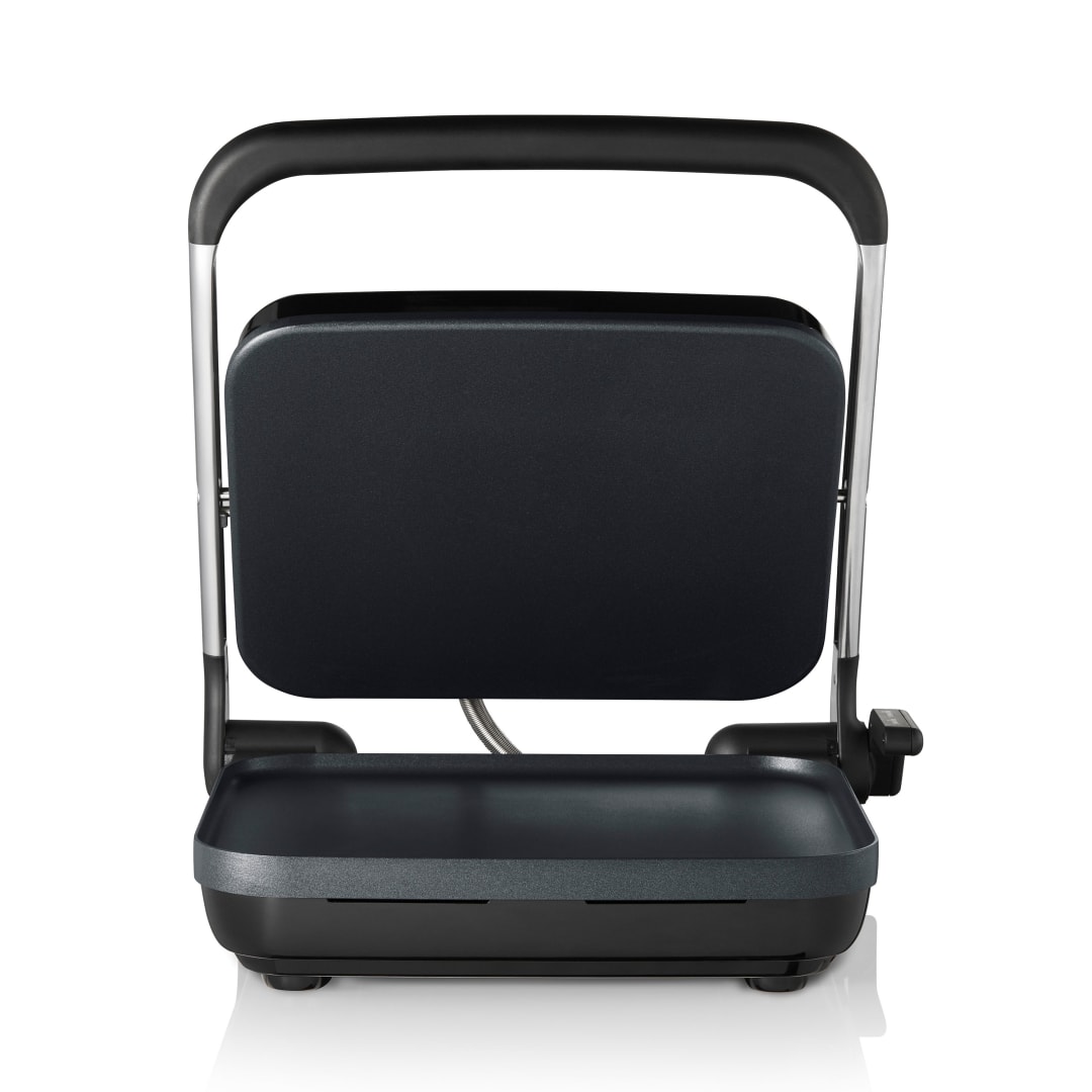 Oster Sandwichera Eléctrica con Palanca de Altura Ajustable, Recubrimiento Antiadherente Oster DiamondForce, para 4 Sándwiches o Hamburguesas, Placas Planas, Guardado Vertical, Plata, CKSTPN04MSSD