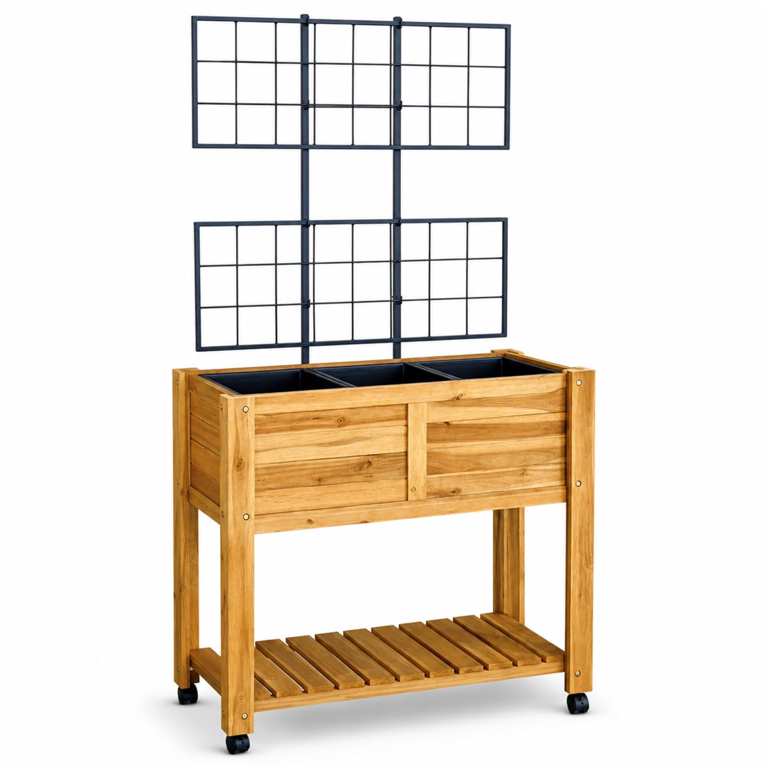 Modern Indoor/Outdoor 32.48 in. Golden Teak Acacia Wood Raised Planter with Trellis and Wheels