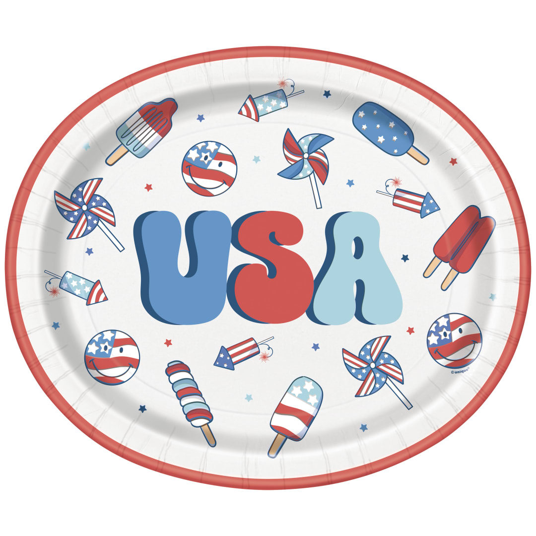Retro USA "USA" Oval 12" Plates, 8ct