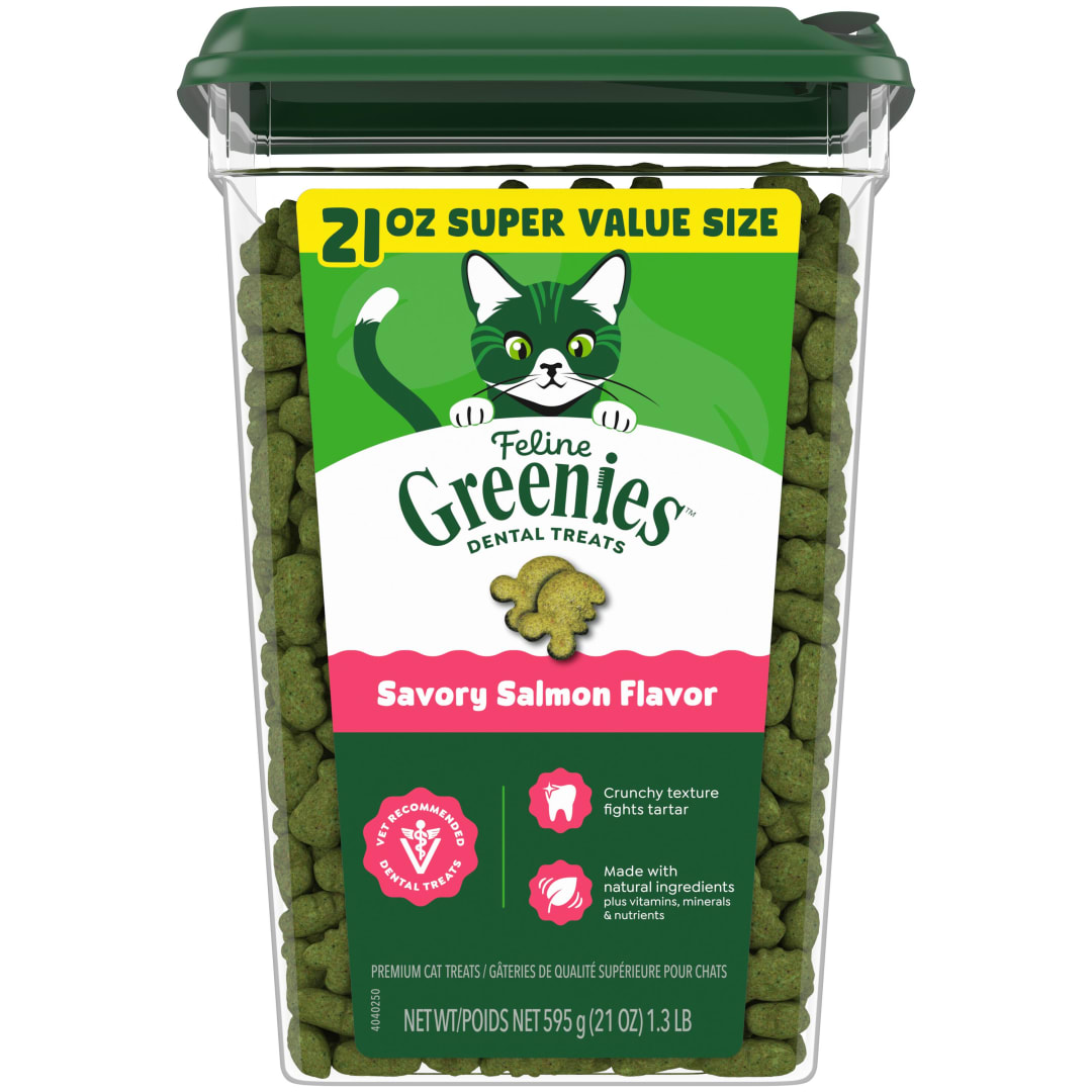 FELINE GREENIES Natural Dental Care Cat Treats Savory Salmon Flavor, 21 oz. Tub