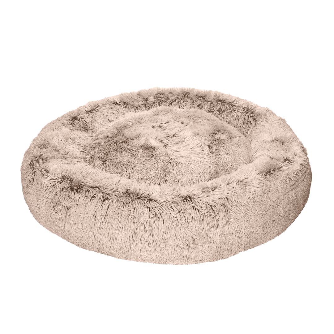 FurHaven 45" Calming Donut Dog Bed for Large Dogs, Round Plush Donut Design with Soft Filling for Snuggling Comfort, Removable Washable Cover, Jumbo XL, Shaggy Faux Fur, Taupe