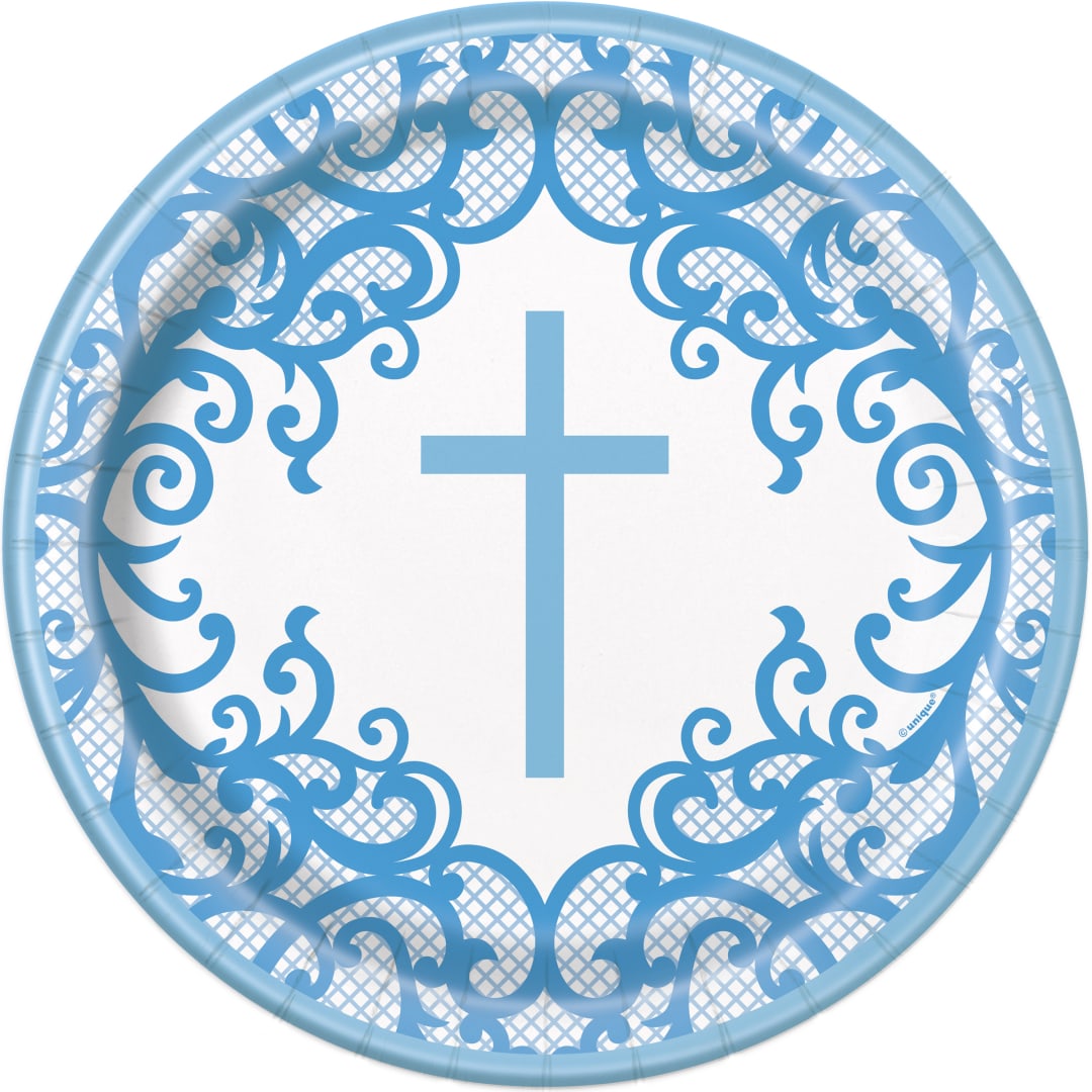 Fancy Blue Cross Round 9" Dinner Plates, 8ct