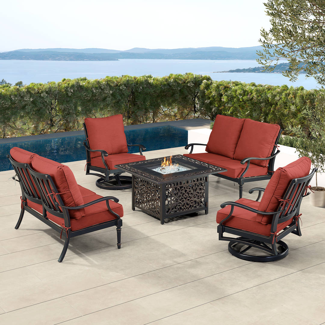 Black Aluminum Patio Fire Table Set with Two Deep Seating Loveseat with Cushions and Two Club Chairs