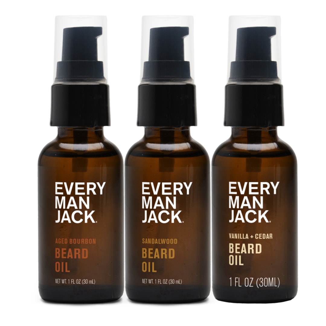 Every Man Jack Beard Oil Gift Set for Men – Full Size 3-pack - Sandalwood, Vanilla + Cedar & Aged Bourbon Scents – Softens Beard + Adds Shine - Naturally Derived w/ Shea Butter – 1 fl oz (3 Pack)