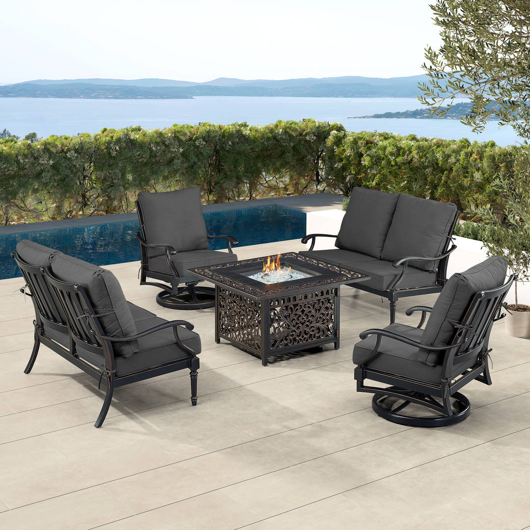 Black Aluminum Patio Fire Table Set with Two Deep Seating Loveseat with Cushions and Two Club Chairs