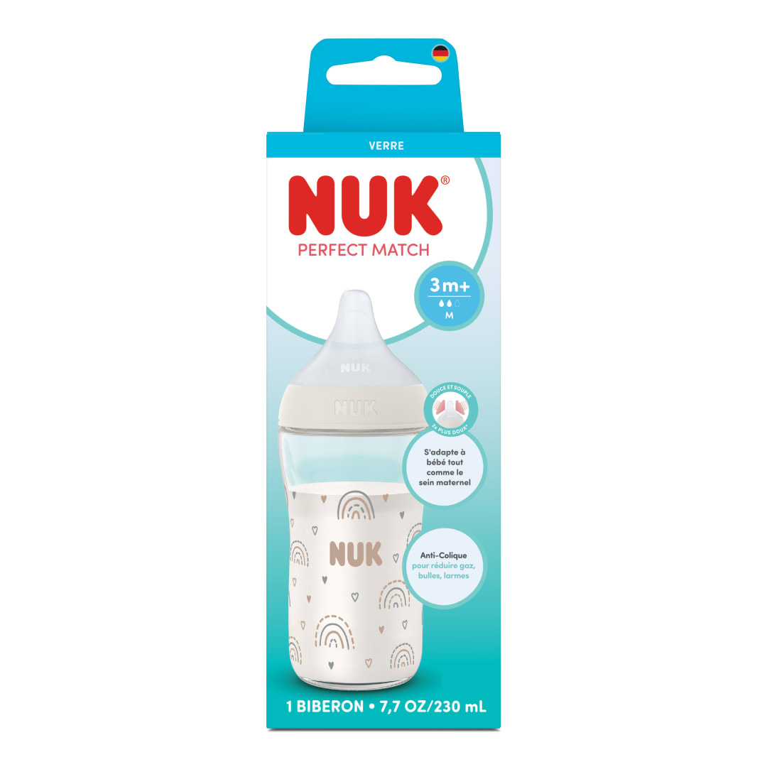 NUK Perfect Match Glass Baby Bottle, 3+ Months, 230 ml, Anti Colic Feeding Bottle, Temperature Control Indicator, Rainbow, 1 Count