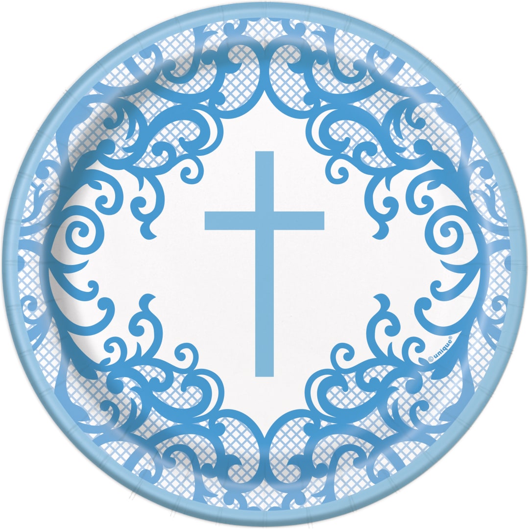 Fancy Blue Cross Round 7" Dessert Plates, 8ct