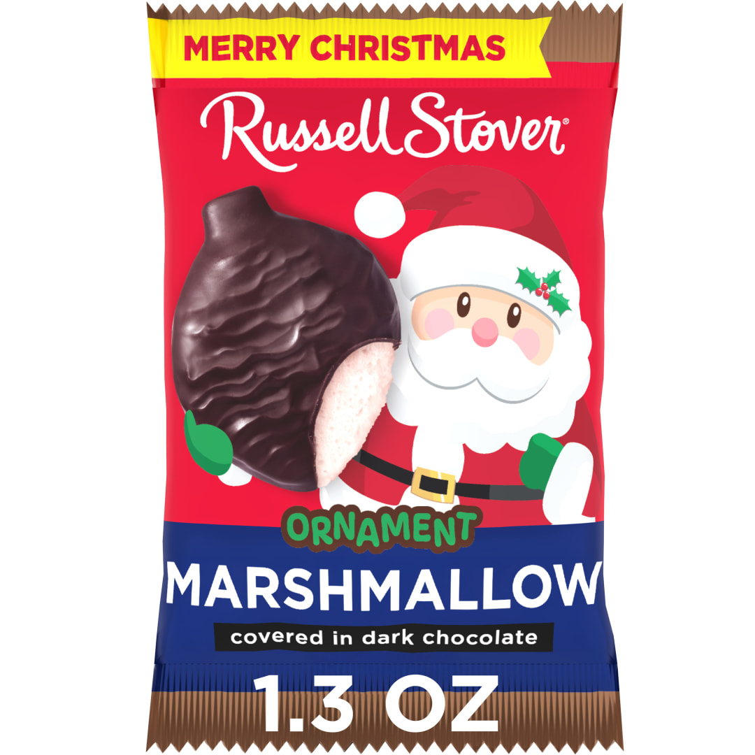 RUSSELL STOVER Christmas Dark Chocolate Marshmallow Candy Ornament, 1.3 oz.