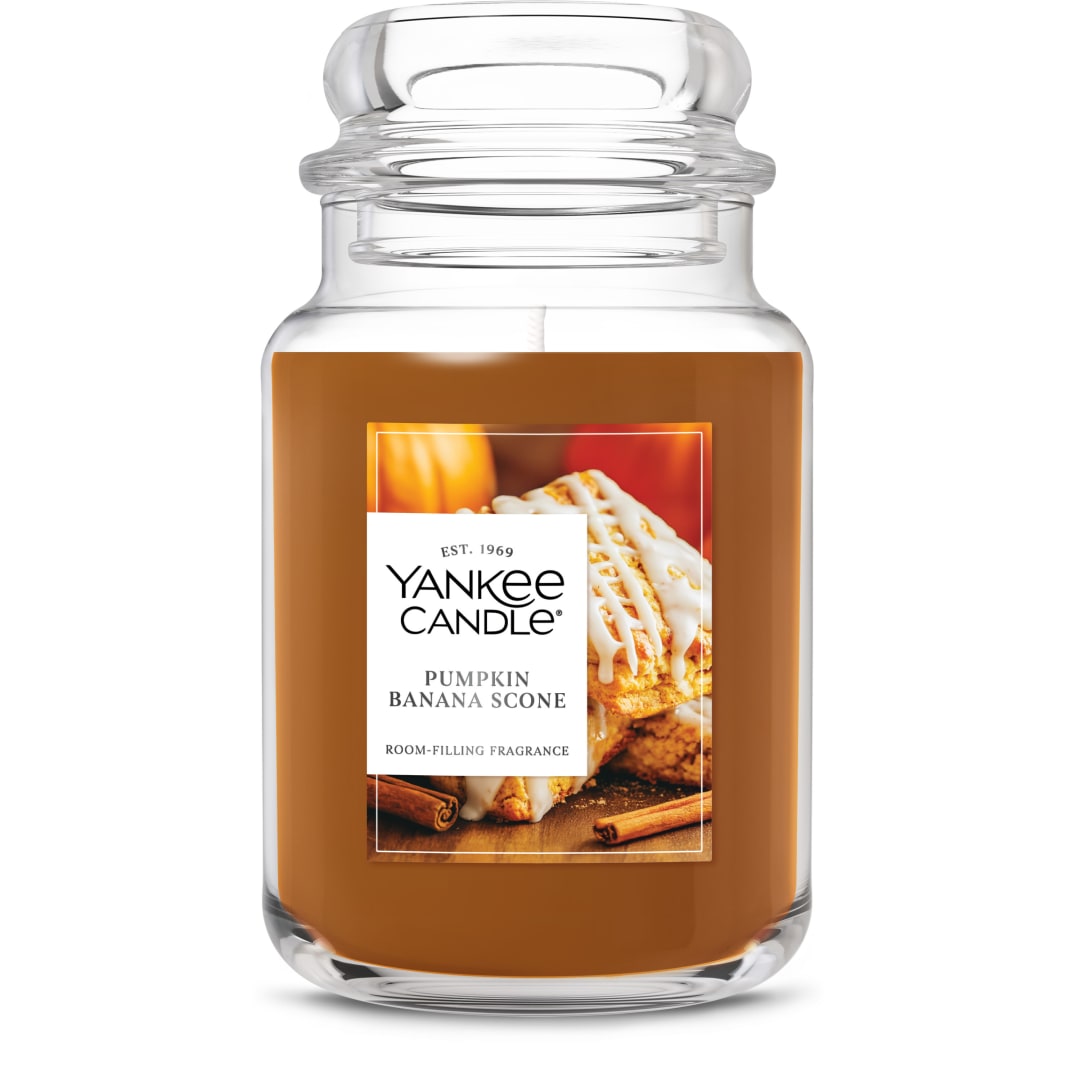 Yankee Candle® Large Jar Scented Candle with up to 150 Hour Burn Time, Premium Plant Wax Blend for Consistent Burn, 22 oz Jar Candle with Room Filling Fragrance, Pumpkin Banana Scone