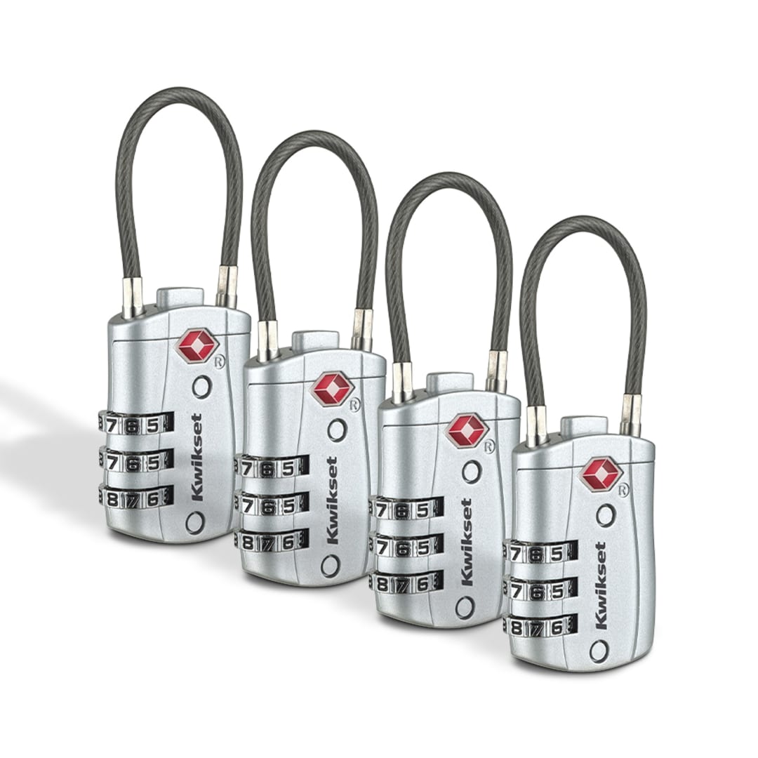 Kwikset TSA Approved Combination Luggage Lock with Cable, 3-Digit, 1-3/16 in Body, 4 Pack, Silver