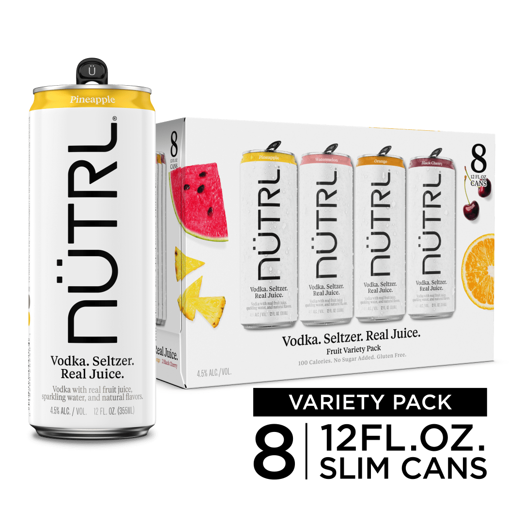Nutrl Vodka Seltzer Fruit FOUR FLAVOR Variety Pack 8x12 oz Can Sleek Pack CARRIER - Top Handle Spot UV - Includes Watermelon, Pineapple, Orange and Black Cherry - SL Coating