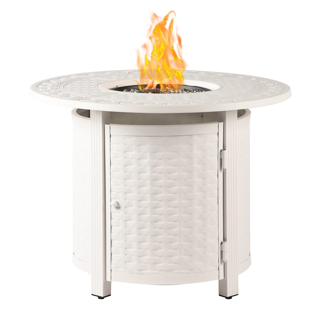 Round 34 in. x 34 in. Aluminum Propane Fire Pit Table with Glass Beads, Two Covers, Lid, 37,000 BTUs in White Finish