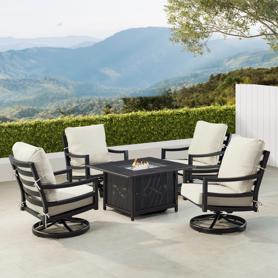 Black Aluminum Patio Fire Table Set with Four Club Chairs