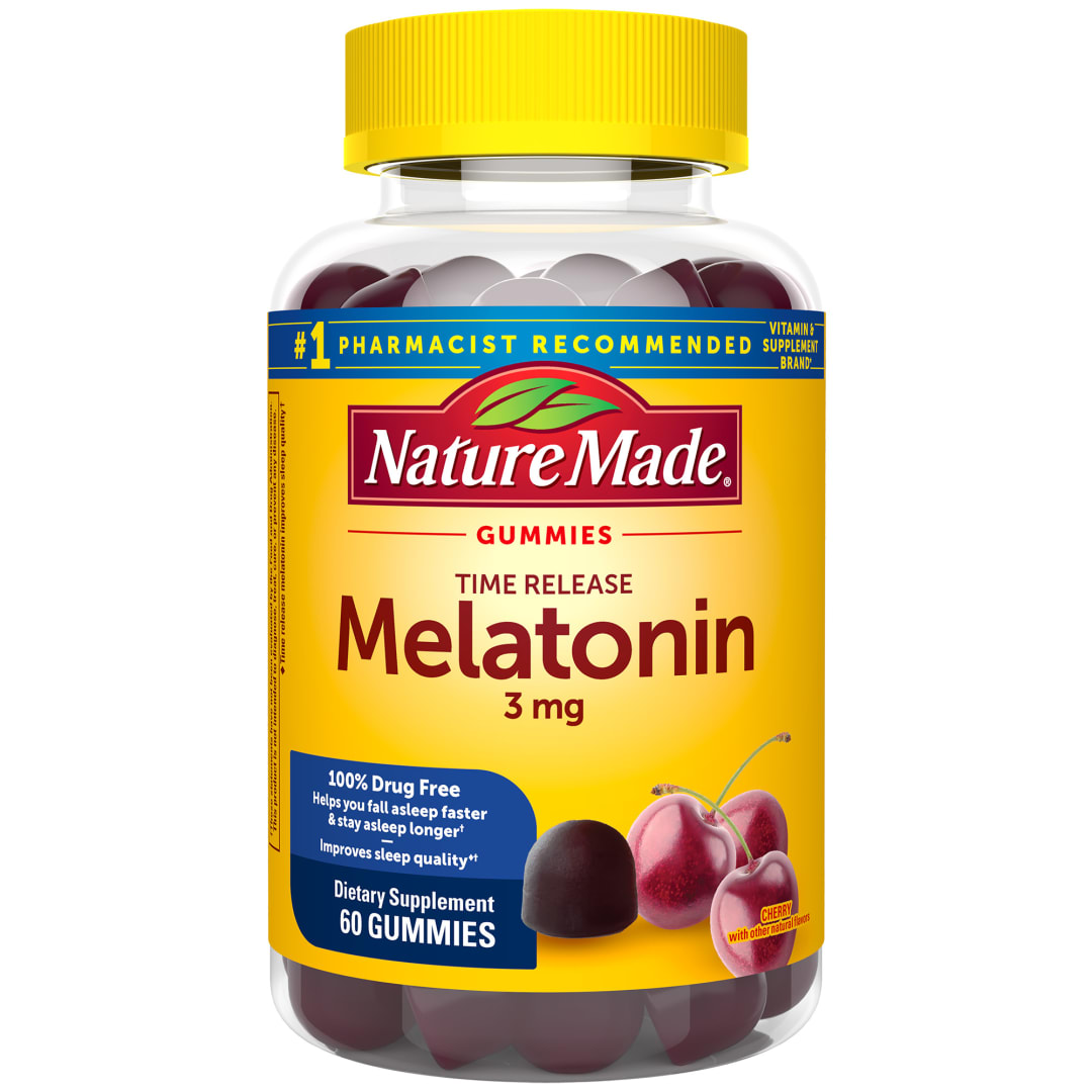 Nature Made Time Release Melatonin 3mg Gummies, 100% Drug Free Sleep Aid for Adults, 60 Melatonin Gummies, 60 Day Supply