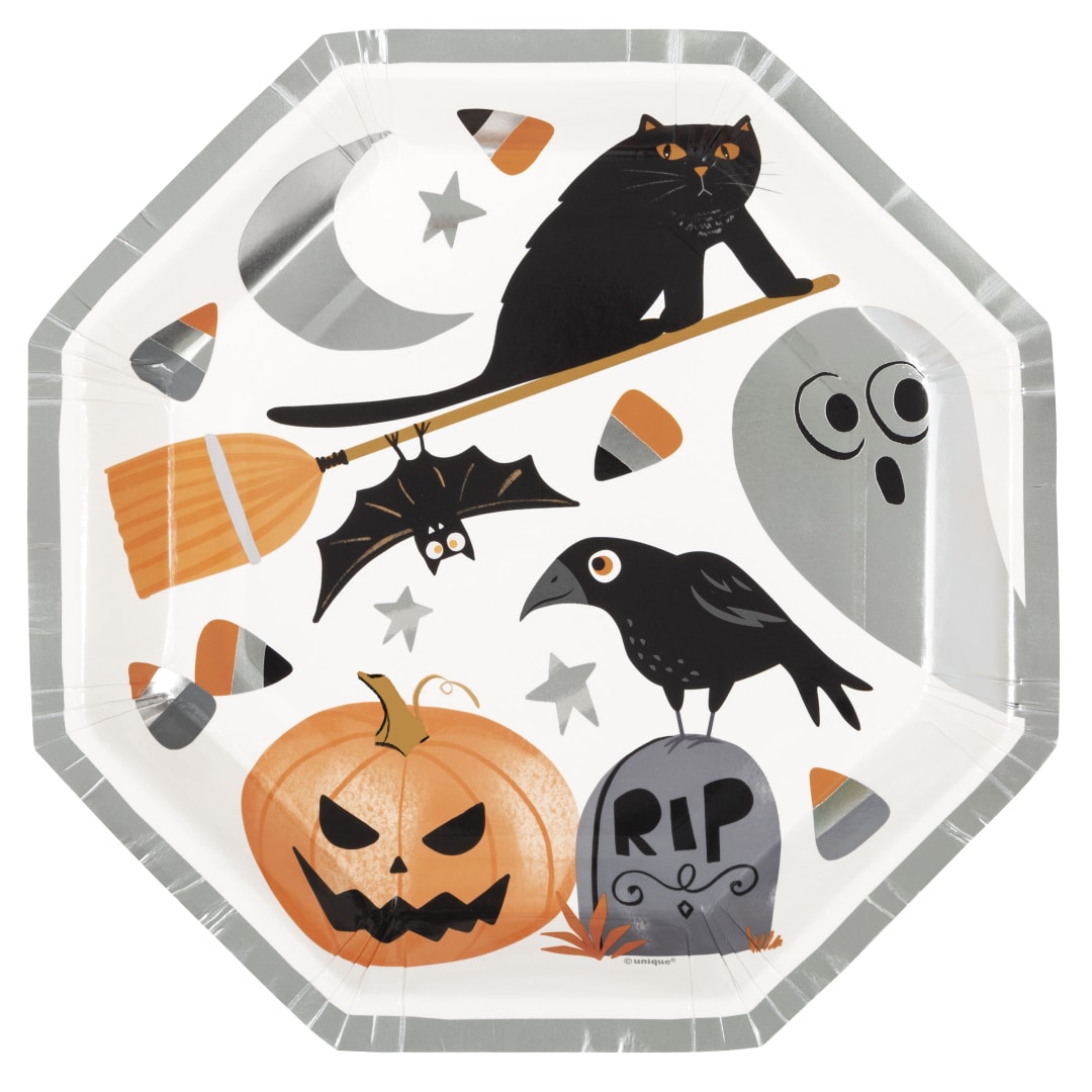 Bats &amp; Boos Halloween Octagon Shaped Dinner Plates, 8ct - Foil Stamping