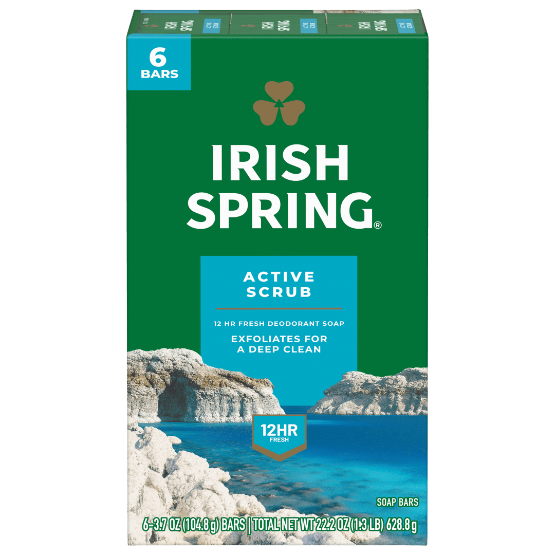 Irish Spring Active Scrub Deodorant Bar Soap for Men, 104.7 g, 6 Pack