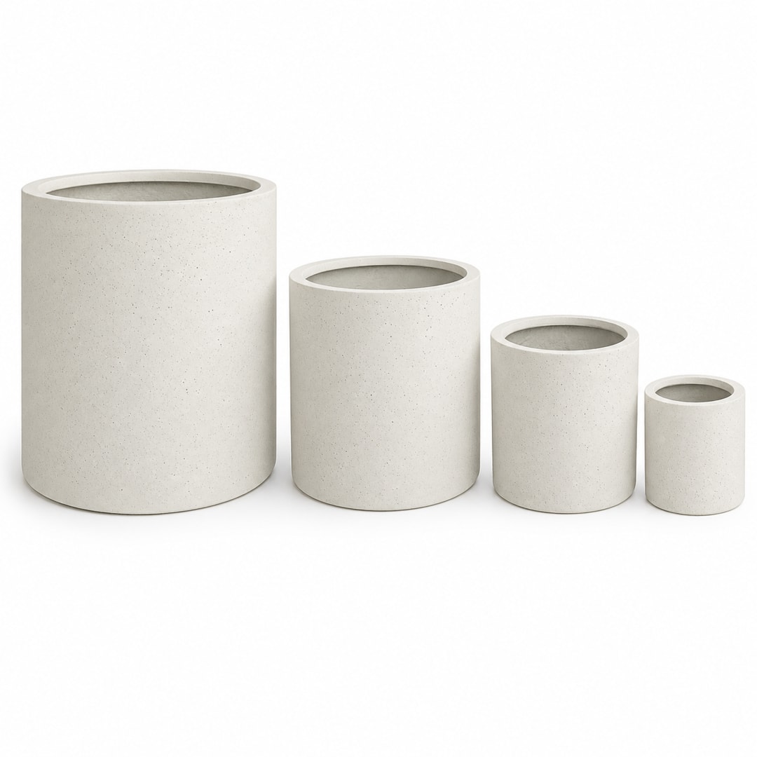 Set of 4 Round Cylinder Polystone Indoor/Outdoor Planters, White