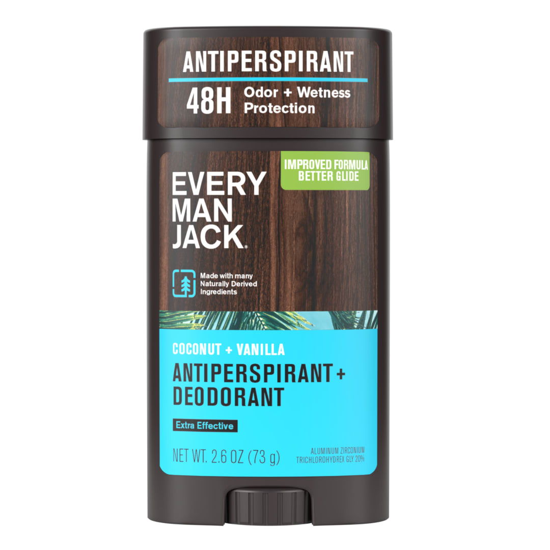 Every Man Jack Coconut + Vanilla Antiperspirant Deodorant – Smooth Glide, 48-Hour Odor & Sweat Defense, 2.6 oz
