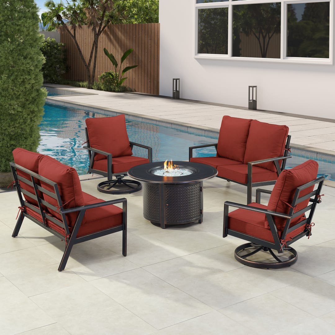 Black Aluminum Patio Fire Table Set with Two Deep Seating Loveseat with Cushions and Two Club Chairs