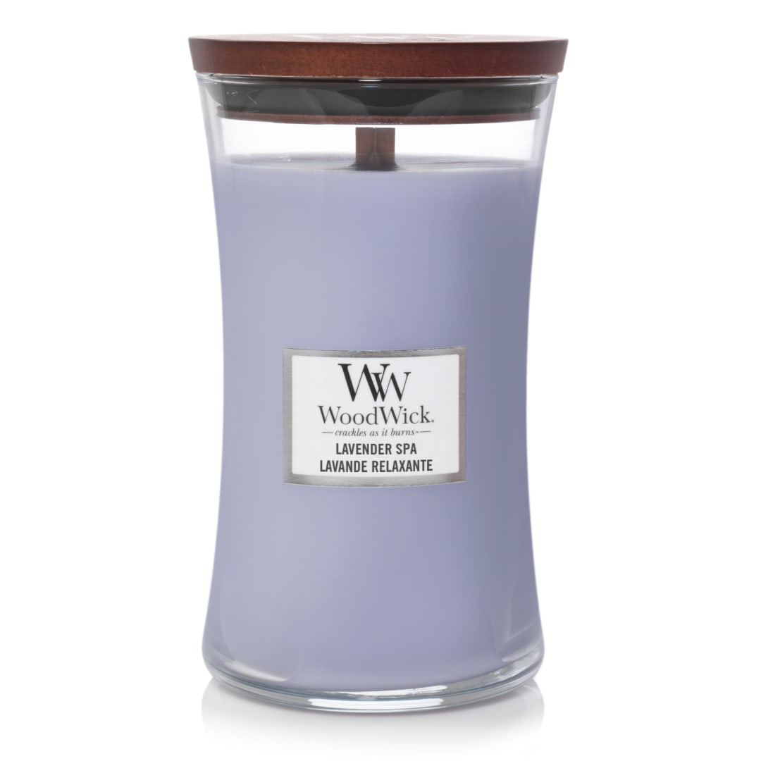 WoodWick Vela perfumada hourglass grande | Lavender Spa | con mecha crepitante | Tiempo de combustión: hasta 130 horas
