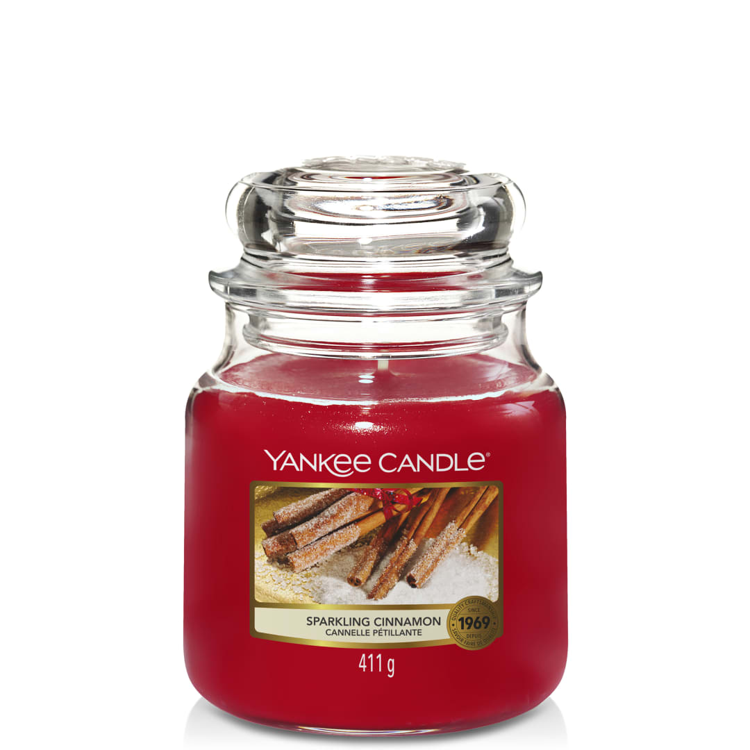 Yankee Candle Vela perfumada | Vela en tarro mediano Sparkling Cinnamon | Tiempo de combustión: hasta 75 horas