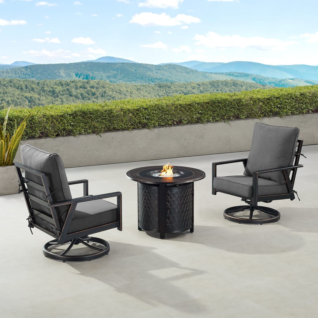 Black Aluminum Patio Fire Table Bistro Set with Two Club Chairs