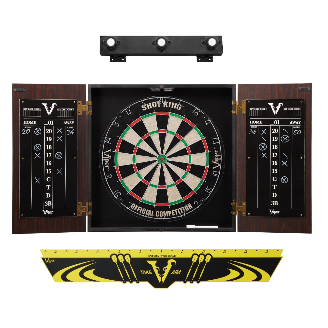 Viper Stadium Dartboard Cabinet with Shot King Sisal Dartboard, Edge Throw Line Marker, and Shadow Buster Dartboard Cabinet Light