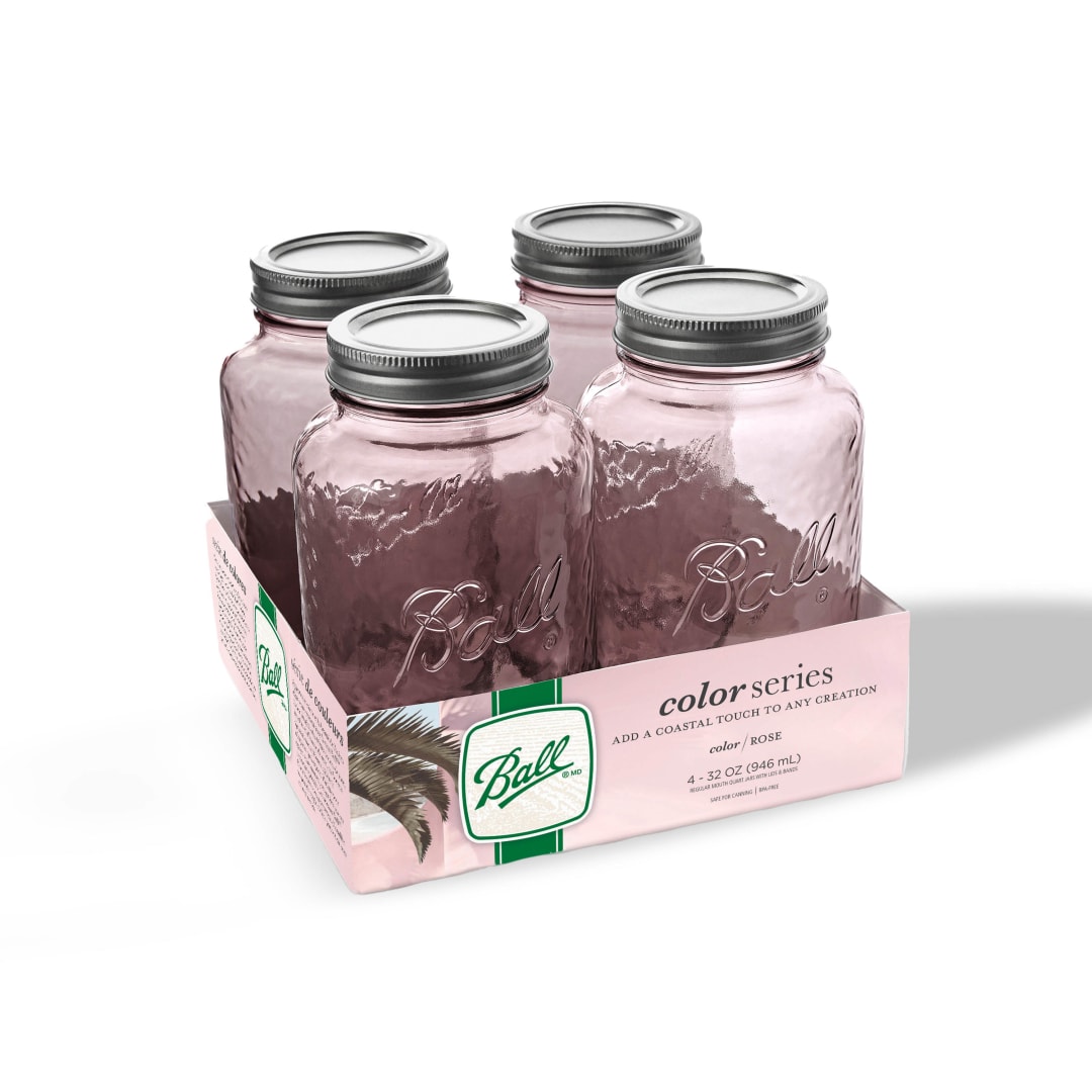 Ball 1 L Glass Regular Mouth Mason Jar with Lid and Band, Rose, Pink Canning Jars, Dishwasher-Safe, 4 Pack