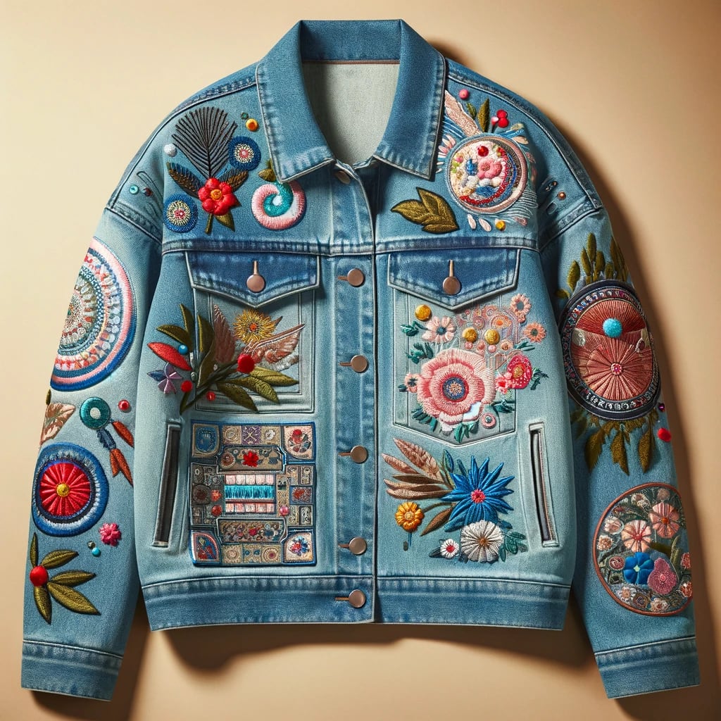Salsify Denim Jacket with Unique Patches and Embroidery - Medium Stonewash, Large