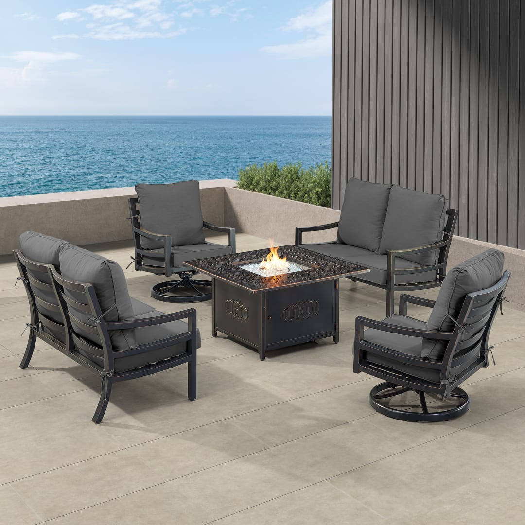 Black Aluminum Patio Fire Table Set with Two Deep Seating Loveseat with Cushions and Two Club Chairs
