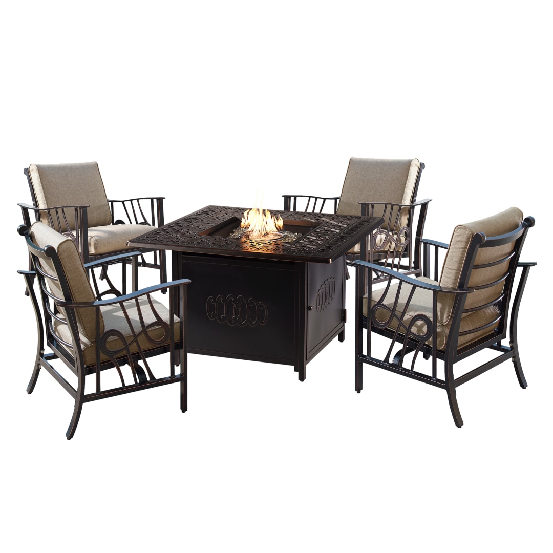 Aluminum 42-in Square Antique Copper Fire Table Set with Four Deep Seating Rocking Chairs, Fire Beads, Lid, Propane Tank Cover and Table Fabric Covers