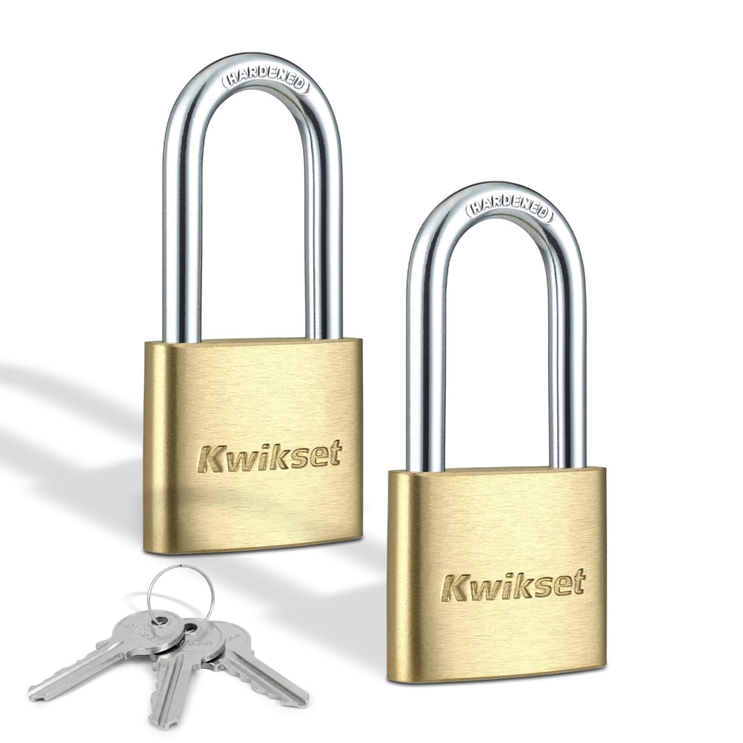 Kwikset Brass Padlock with Hardened Steel Shackle, 1-9/16 in Body, 1-1/2 in Shackle, 2 Pack