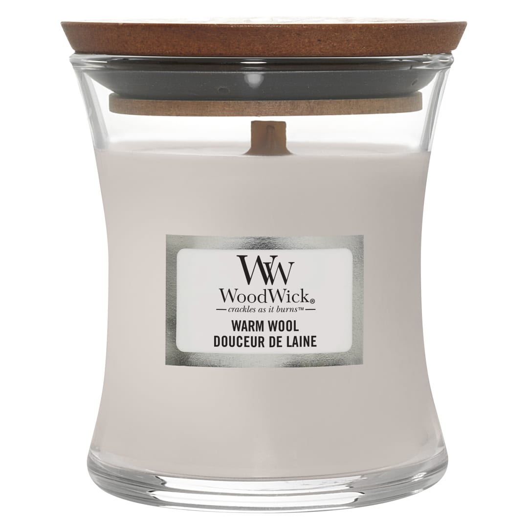 WoodWick Vela perfumada con mecha crepitante | Vela mini reloj de arena Warm Wool | Hasta 20 horas de duración | Regalo perfecto para mujeres
