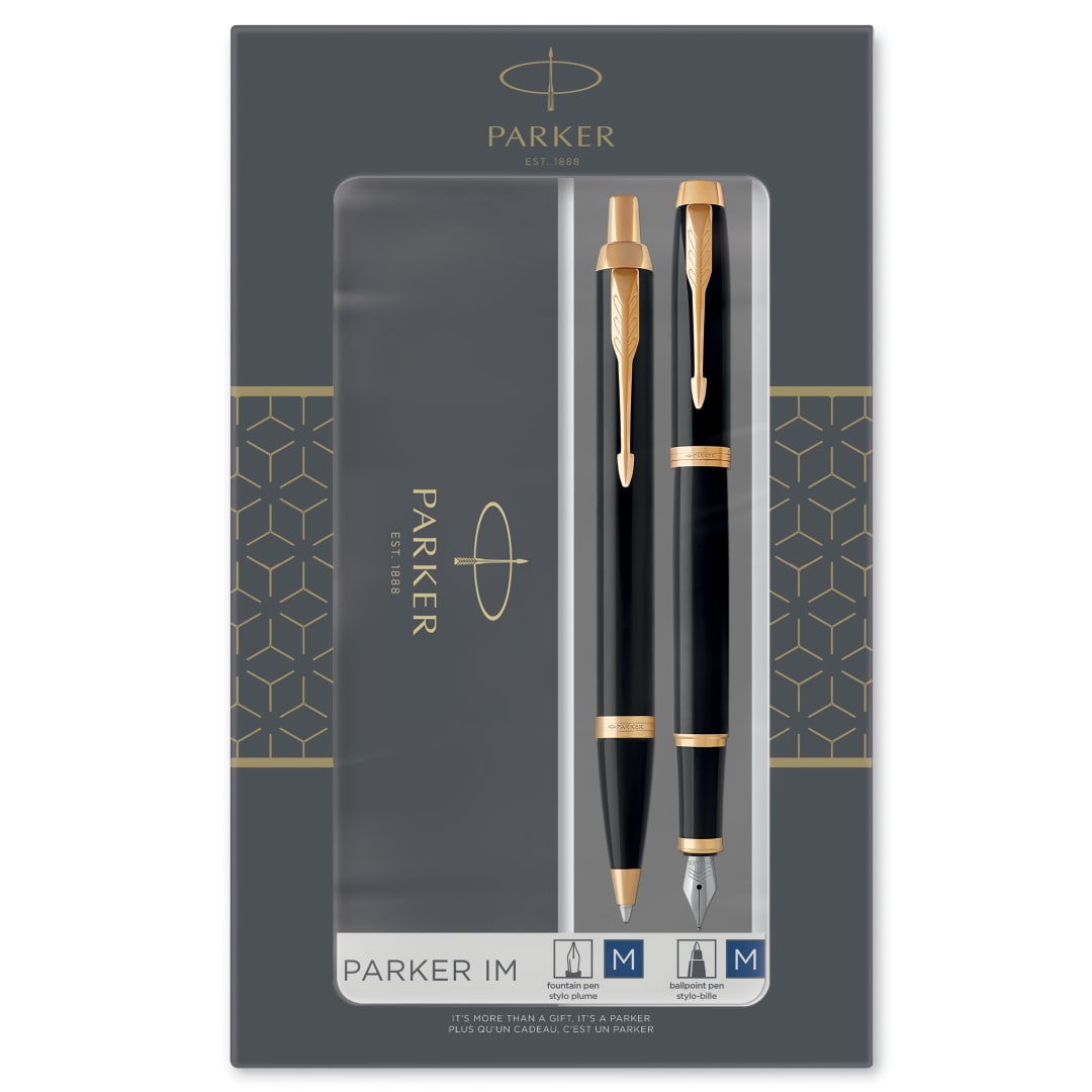 Parker IM set de regalo doble con bolígrafo y pluma estilográficaacabado negro con adorno doradocartucho y recambio de tinta azulestuche de regalo
