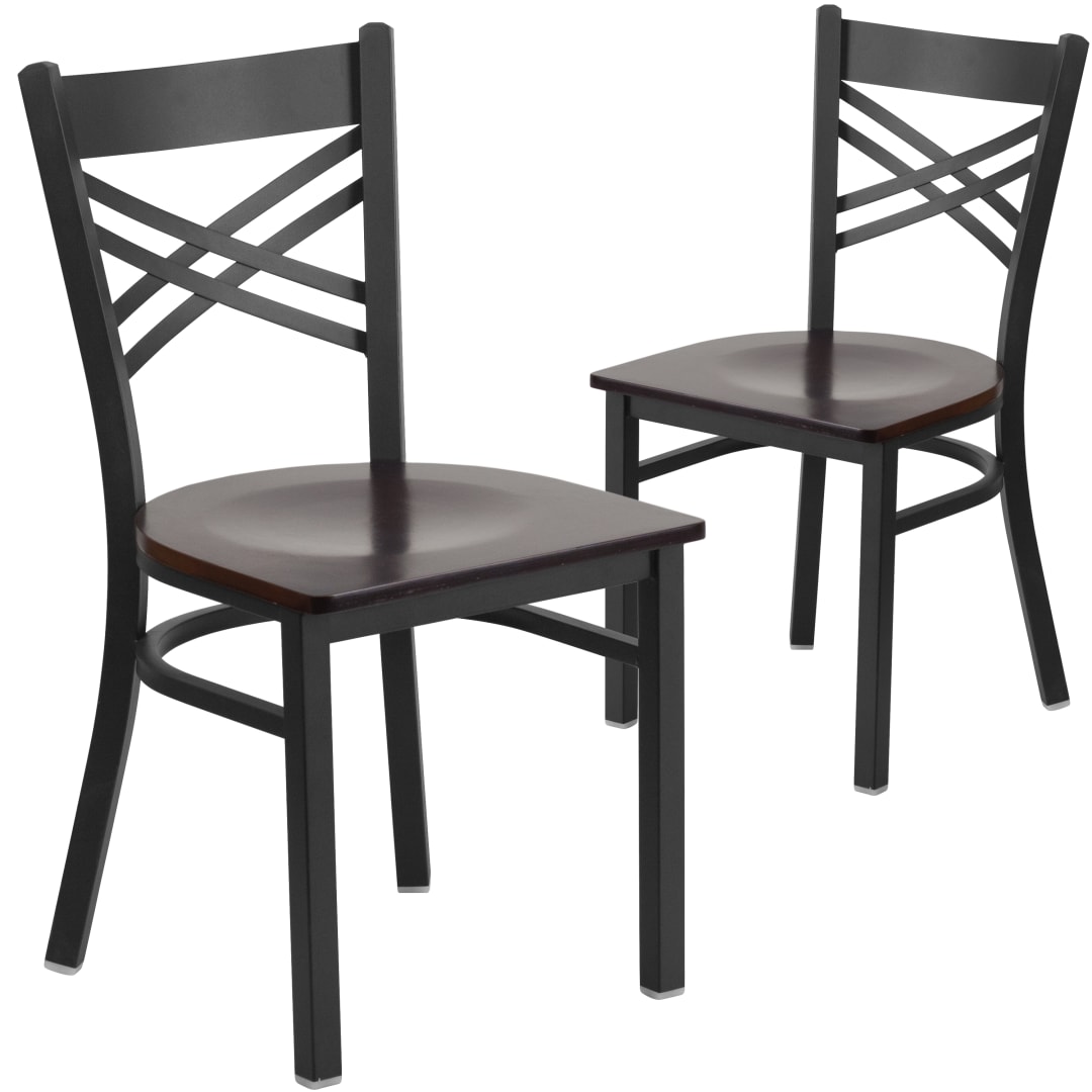 2 Pack HERCULES Series Black ''X'' Back Metal Restaurant Chair - Walnut Wood Seat