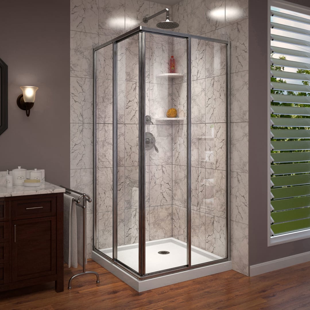 DreamLine Cornerview 42 inch D x 42 inch W x 74 3/4 inch H Framed Sliding Shower Enclosure in Brushed Nickel with White Shower Base Kit