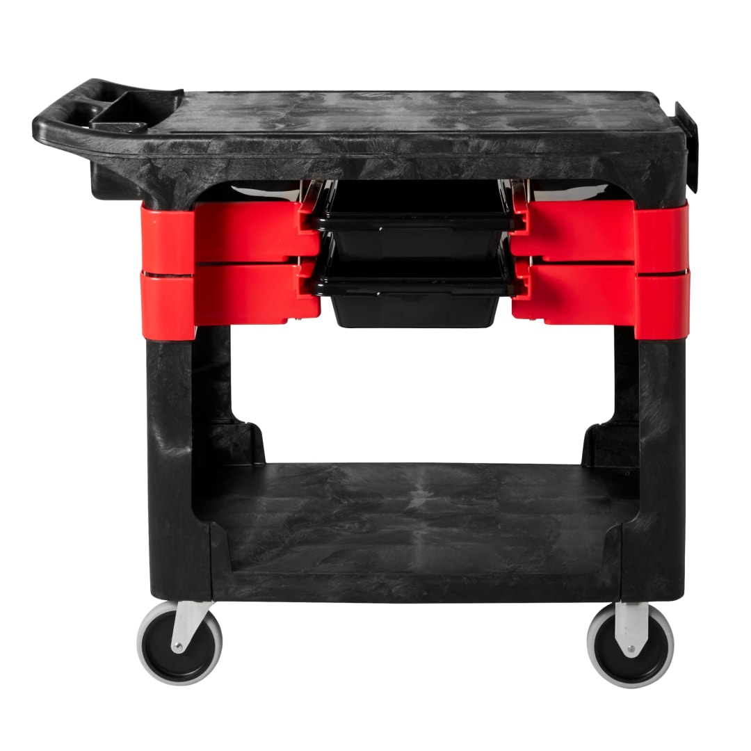 Trades Cart with 5 In Casters, Includes 2 Parts Boxes and 4 Parts Bins, Black