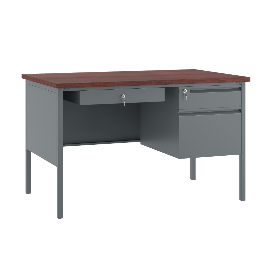 Cambridge Commercial Grade 24x48 Right Side Single Pedestal Desk with 3 Locking Drawers, Mahogany Top and Charcoal Gray Frame
