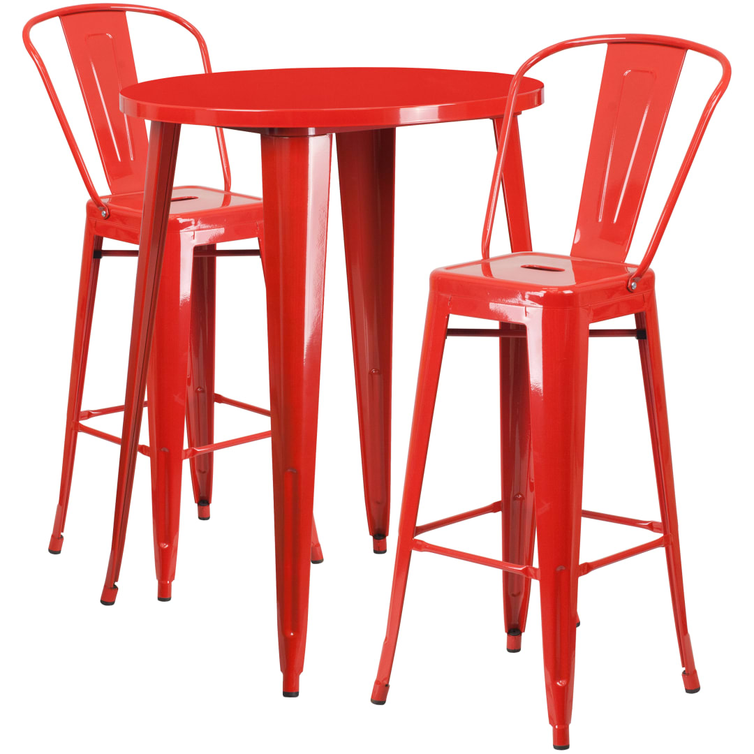 Caron Commercial Grade 30" Round Red Metal Indoor-Outdoor Bar Table Set with 2 Cafe Stools