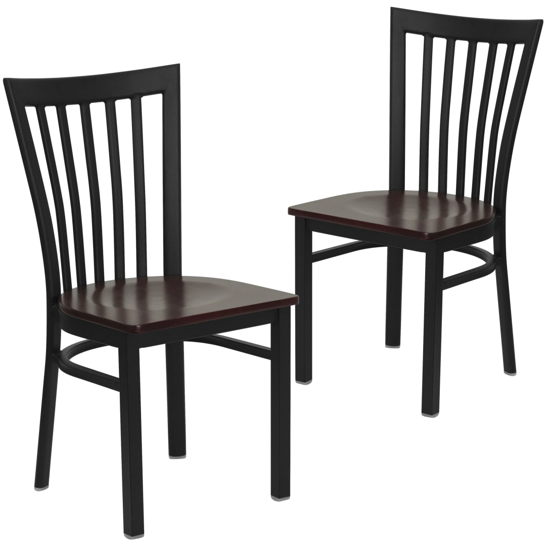 2 Pk. HERCULES Series Black School House Back Metal Restaurant Chair - Mahogany Wood Seat
