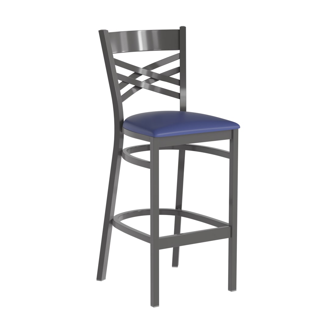 HERCULES Silver Antique Finish with Clear Coat ''X'' Back Metal Restaurant Barstool - Blue Vinyl Seat