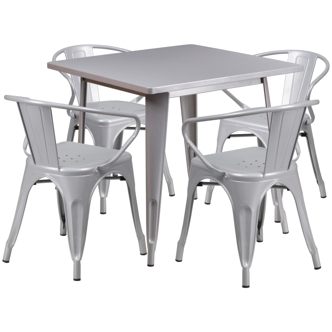 Grady Commercial Grade 31.5" Square Silver Metal Indoor-Outdoor Table Set with 4 Arm Chairs