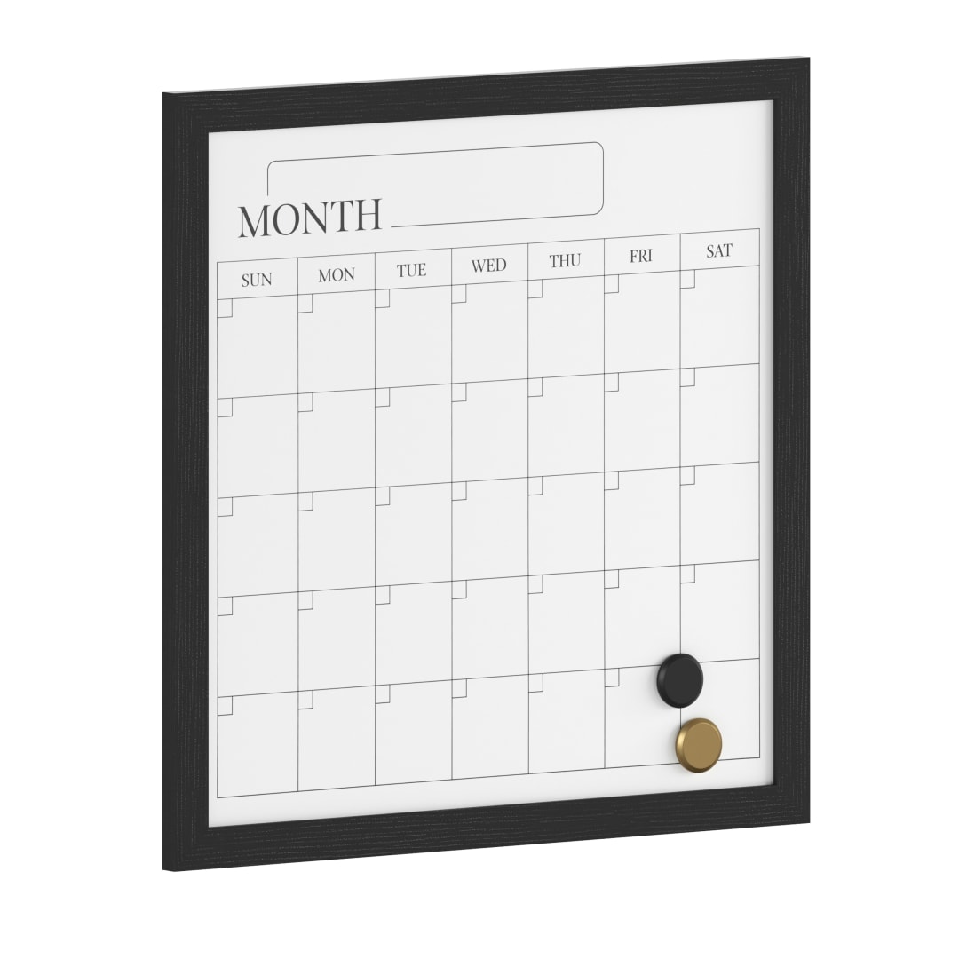 Everette 18" x 18" Magnetic Monthly Calendar Dry Erase Board with Black Woodgrain Frame, Included Dry Erase Marker and 2 Magnets