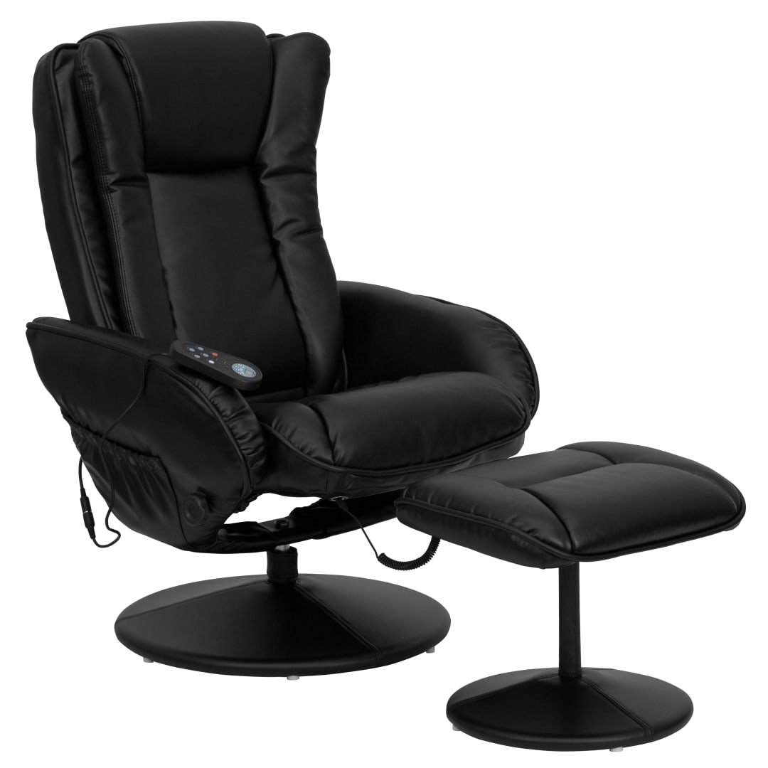 Poppy Massaging Multi-Position Plush Recliner with Side Pocket and Ottoman in Black LeatherSoft