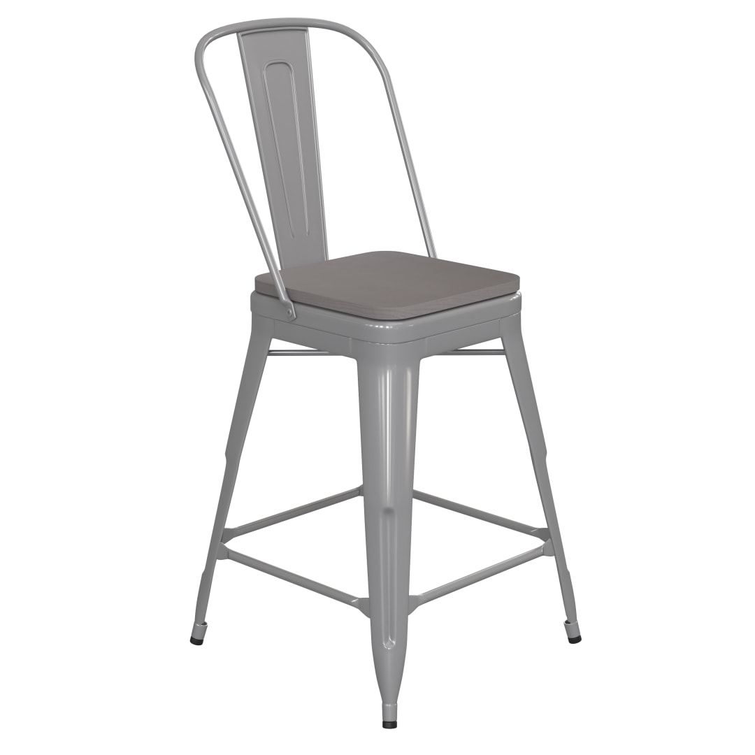 Kai Commercial Grade 24" High Silver Metal Indoor-Outdoor Counter Height Stool with Removable Back and Gray All-Weather Poly Resin Seat