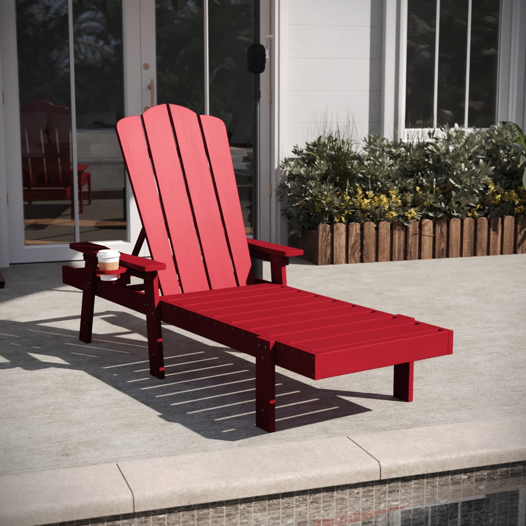 Sonora Commercial Grade Adjustable Adirondack Lounger with Cup Holder, All-Weather Indoor/Outdoor Recycled HDPE Lounge Chair in Red