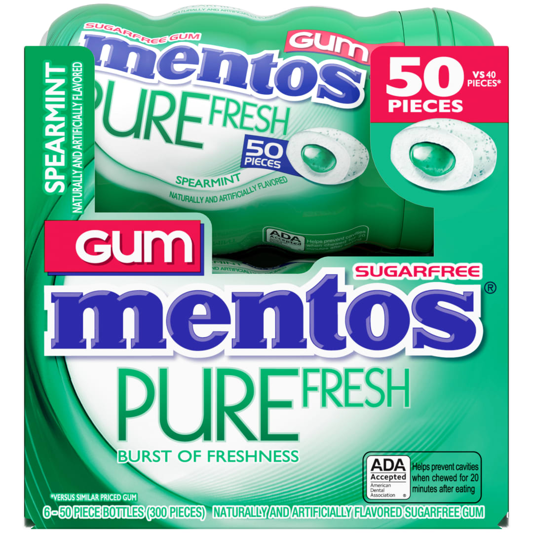 Mentos Gum Pure Fresh Sugar Free Chewing Gum Spearmint 50 pc Curvy Bottles - 6 Pack
